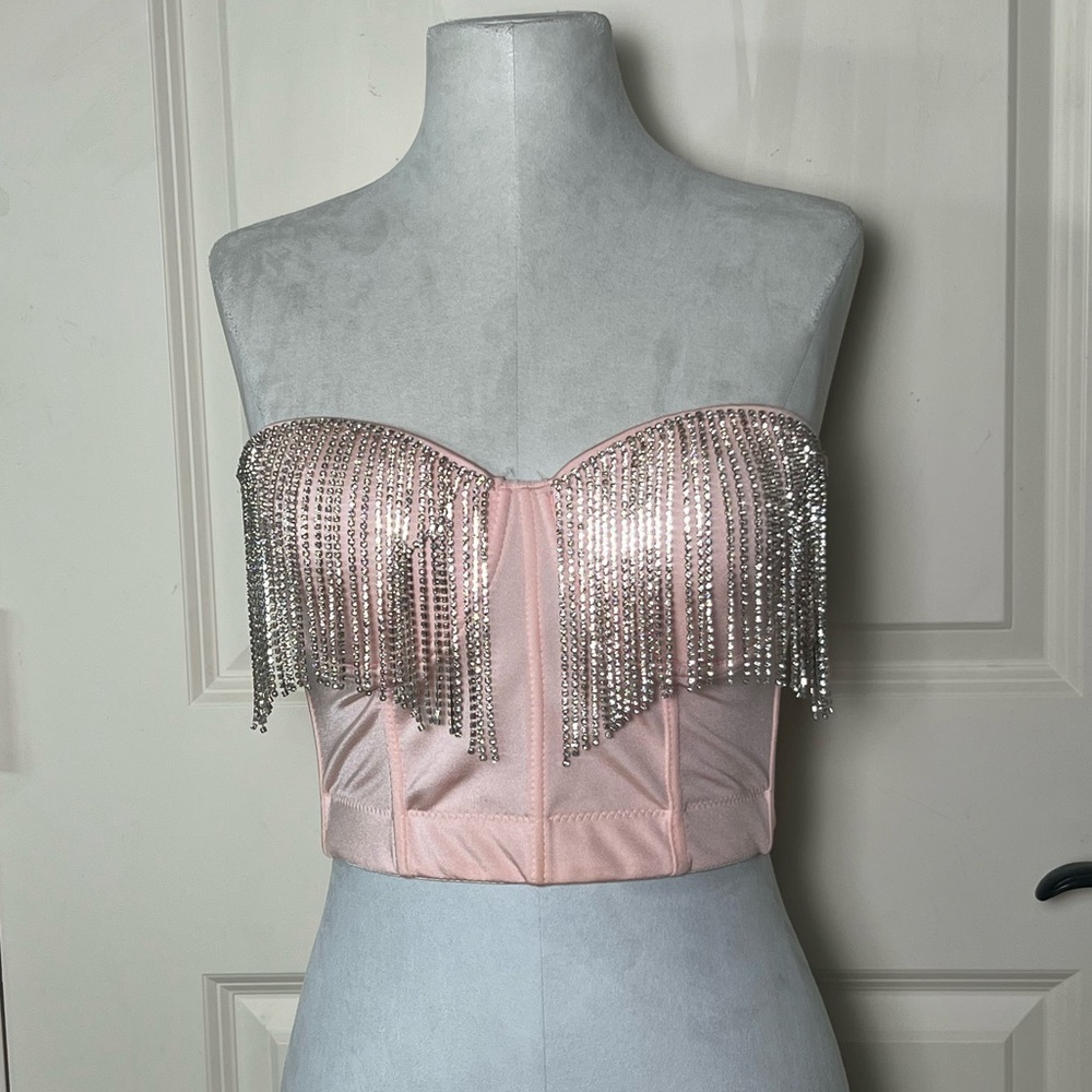 Papaya Pink Satin Rhinestone Fringe Corset Bustier Top Small | Eras Tour Y2K